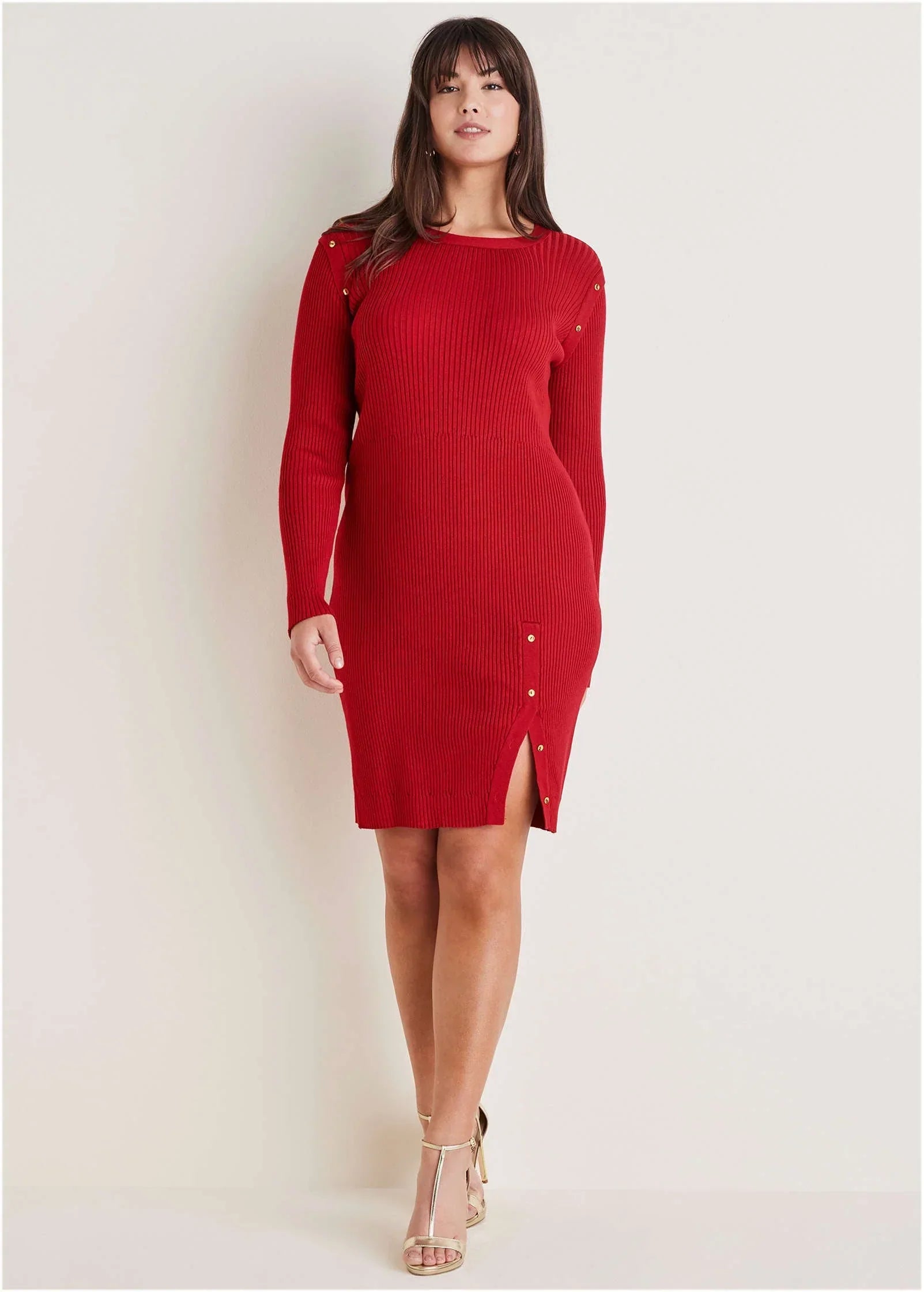 Button Detail Sweater Dress Equestrian Red