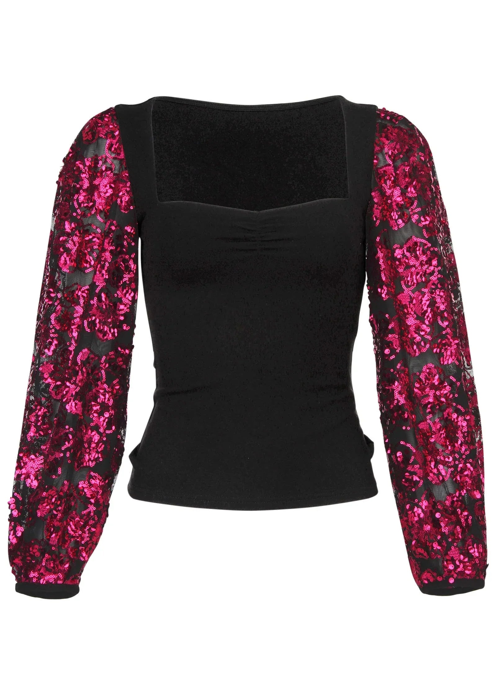 Sheer Sequined Sleeve Top Black Pink