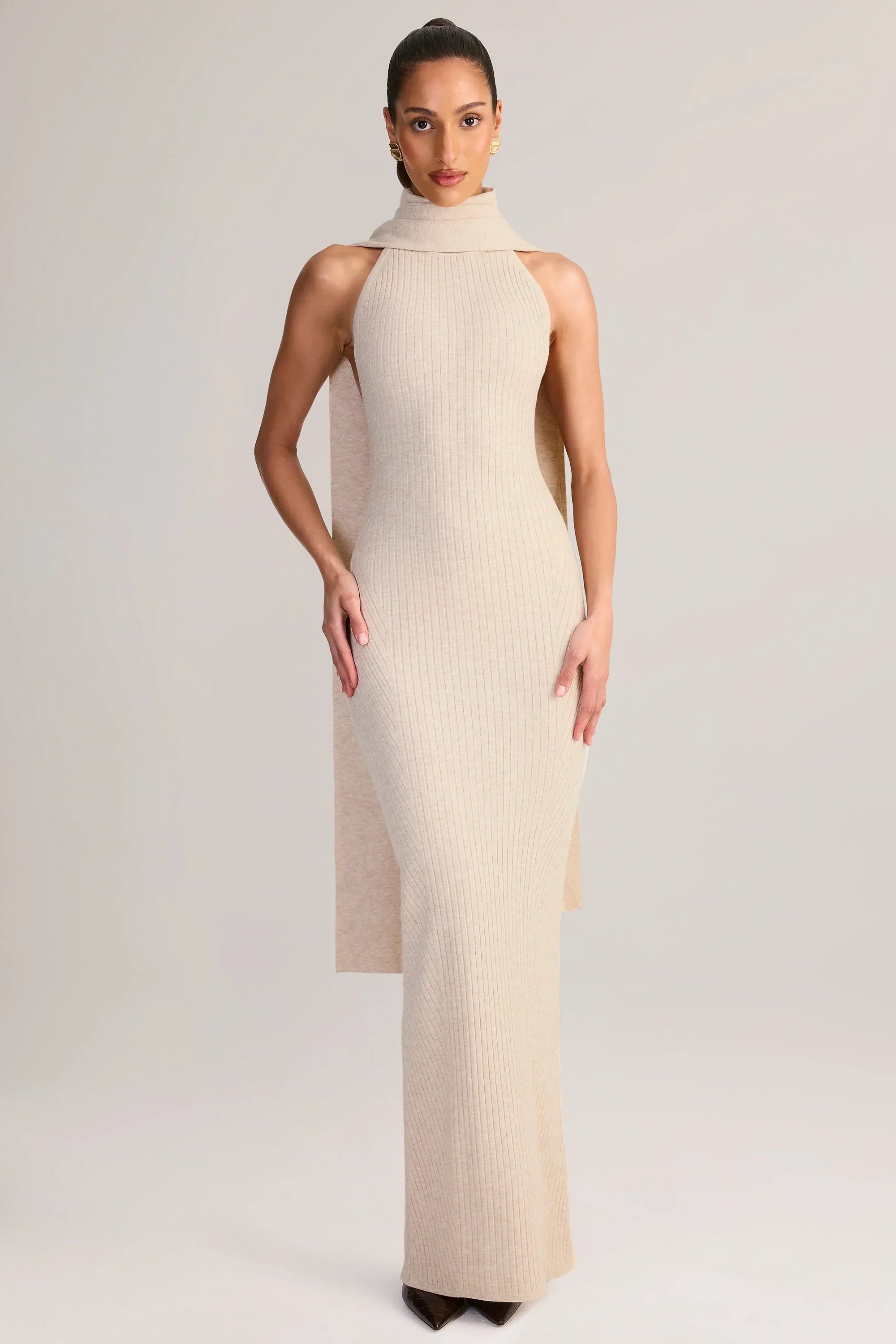 Rib Knit Scarf Detail Halterneck Maxi Dress in Cream