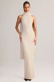 Rib Knit Scarf Detail Halterneck Maxi Dress in Cream