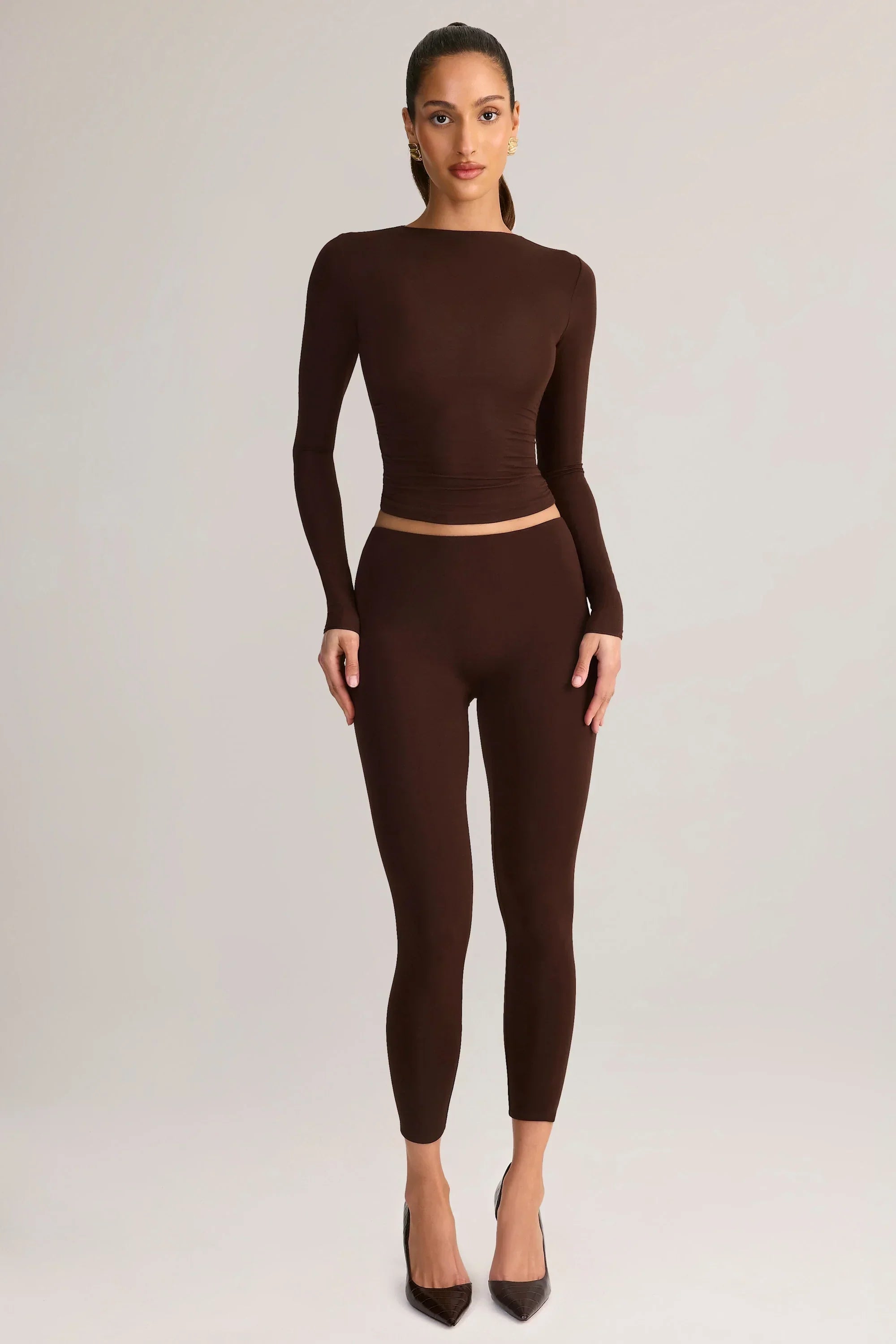 Modal Mid Rise Cropped Leggings in Chocolate Brown