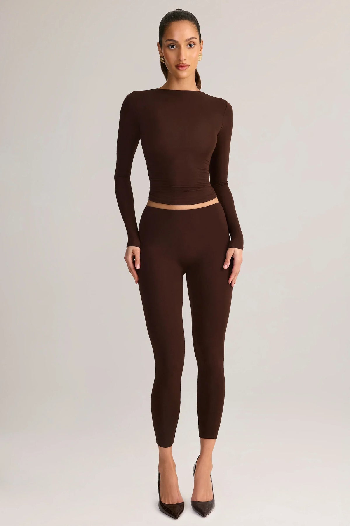 Modal Mid Rise Cropped Leggings in Chocolate Brown