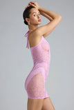 Embellished Halterneck Mini Dress in Violet Pink