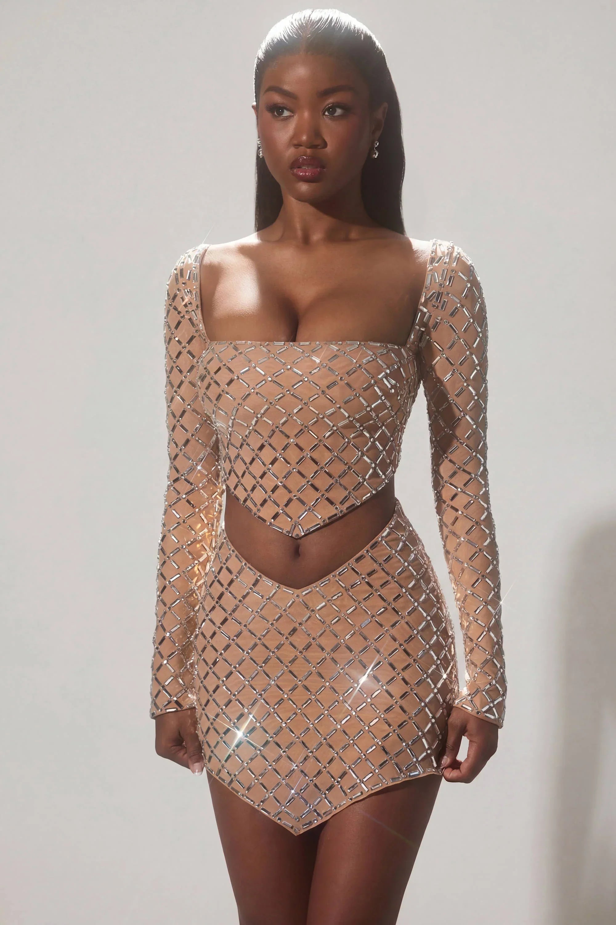 Embellished Asymmetric Mid Rise Mini Skirt in Almond