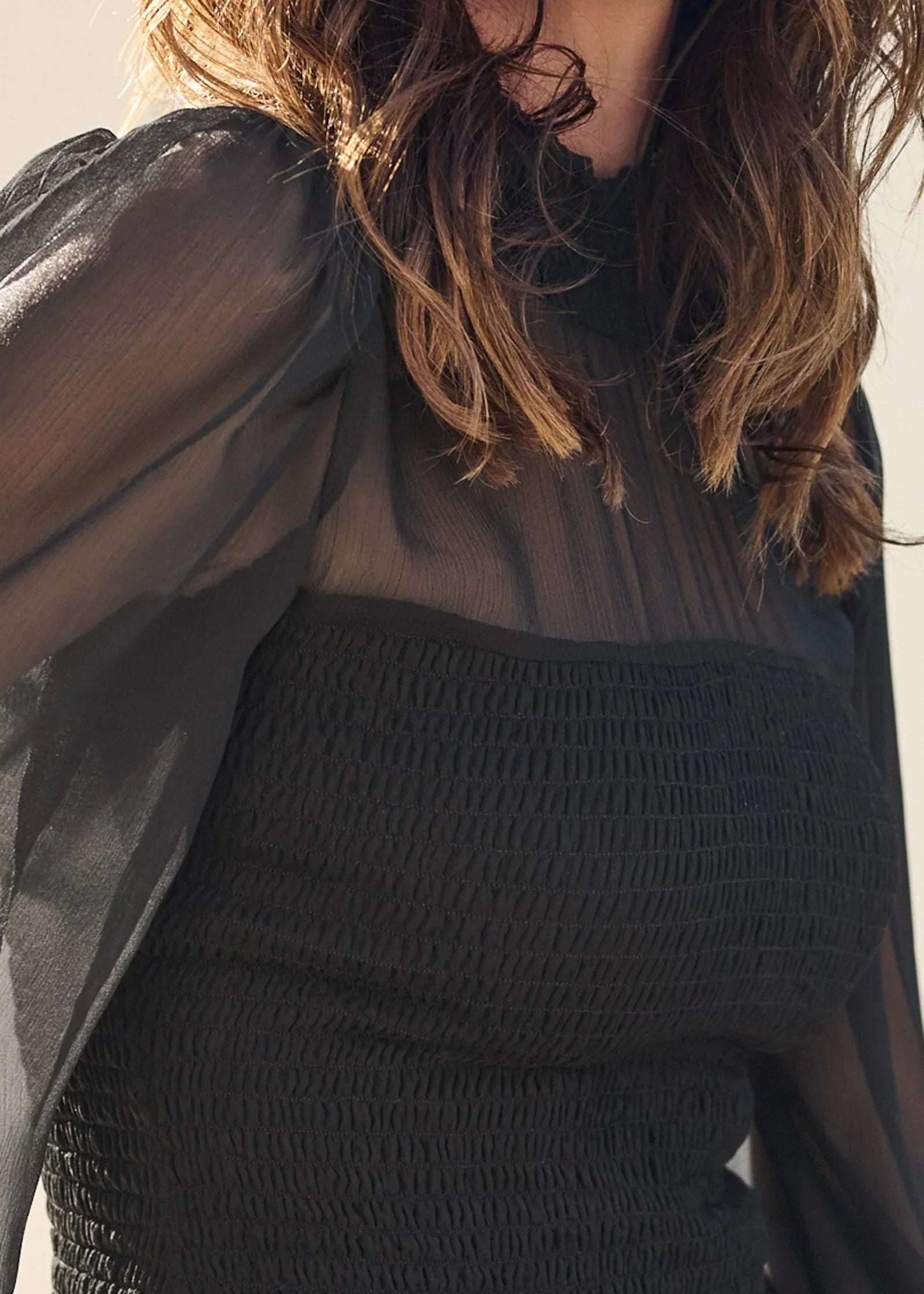 Sheer Smocked Top Jet Black