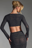 Embellished Long Sleeve Crop Top in Black