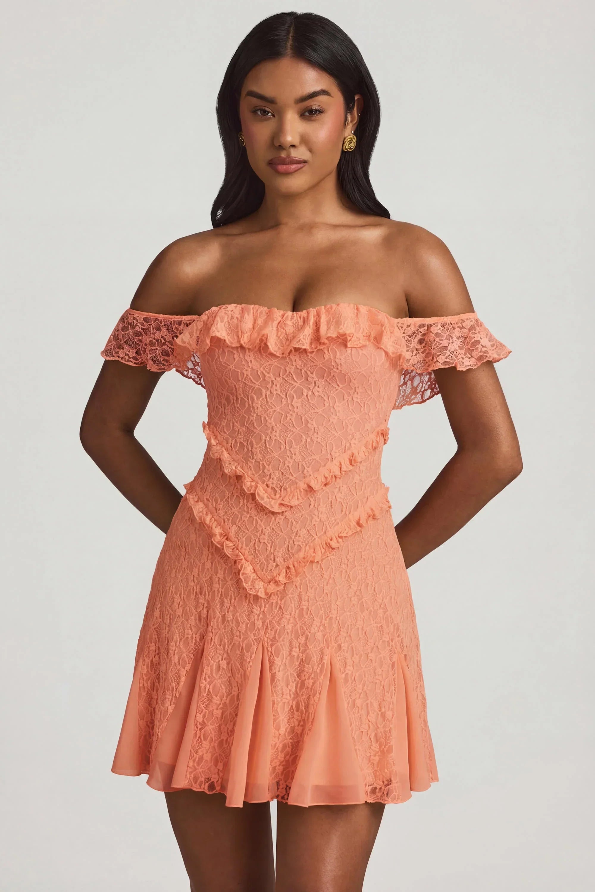 Off Shoulder Lace A Line Mini Dress in Peach
