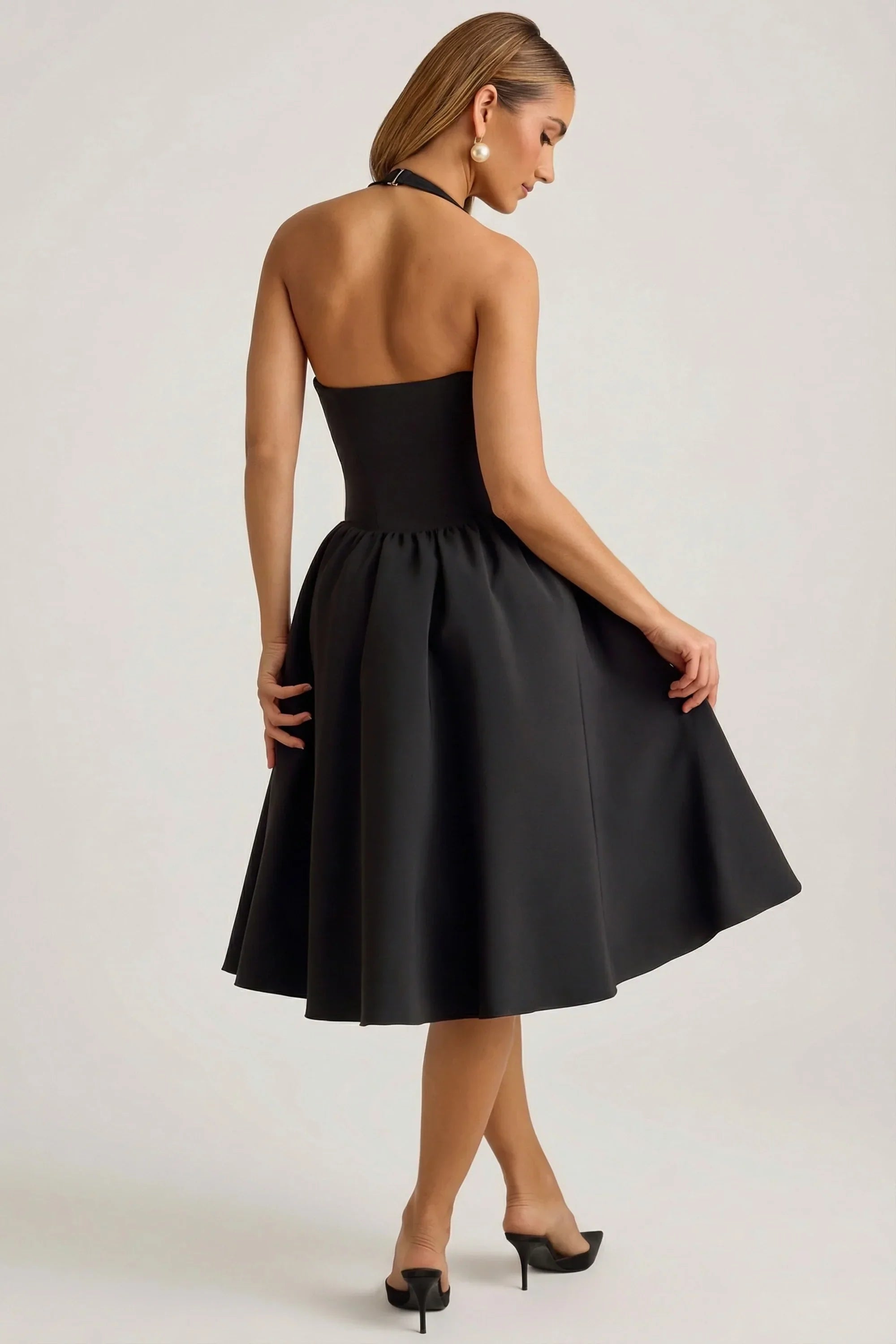 Halterneck Bow Detail Midi Dress in Black