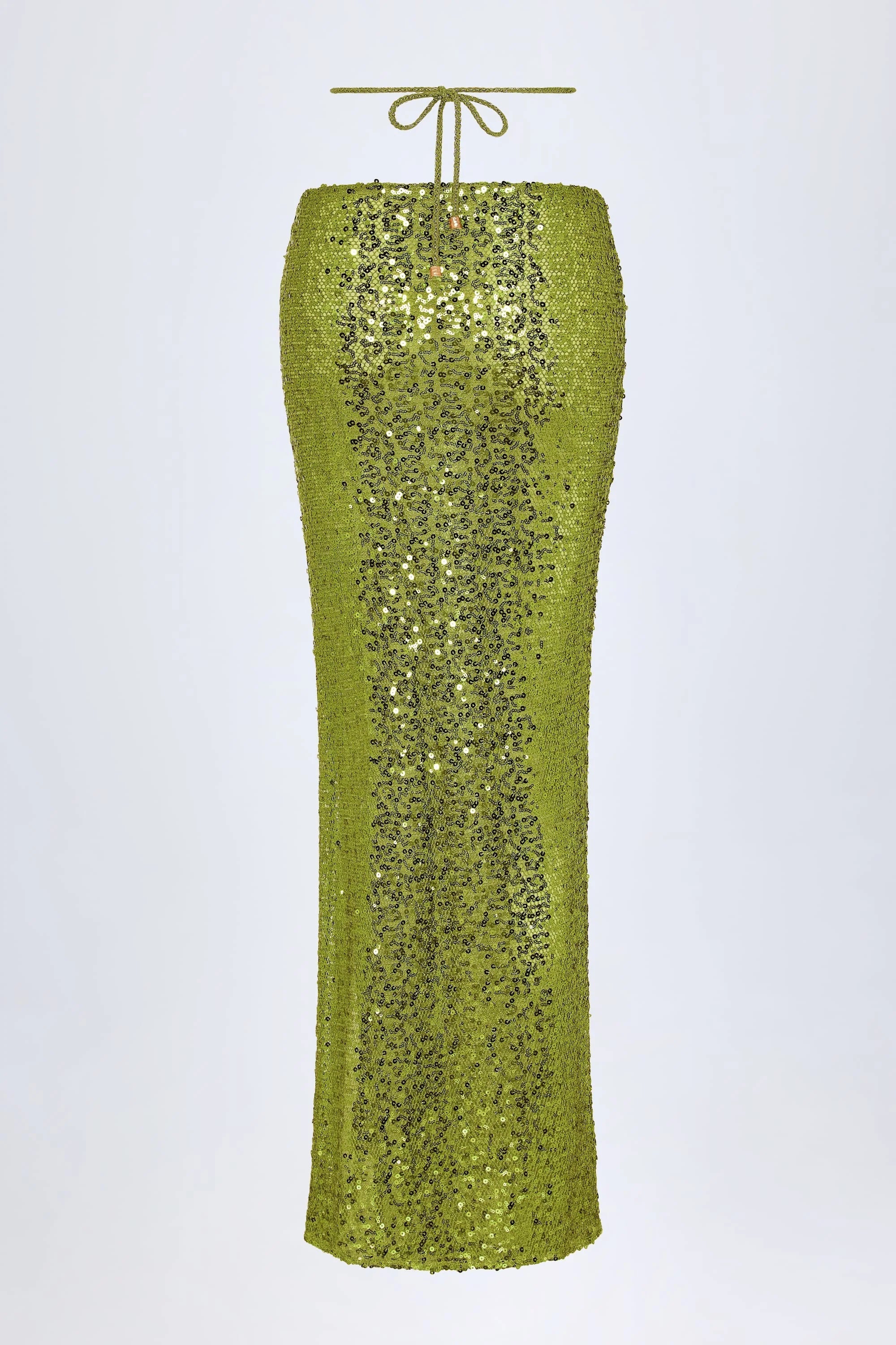 Embellished Hardware Detail Strappy Maxi Skirt in Olive Green