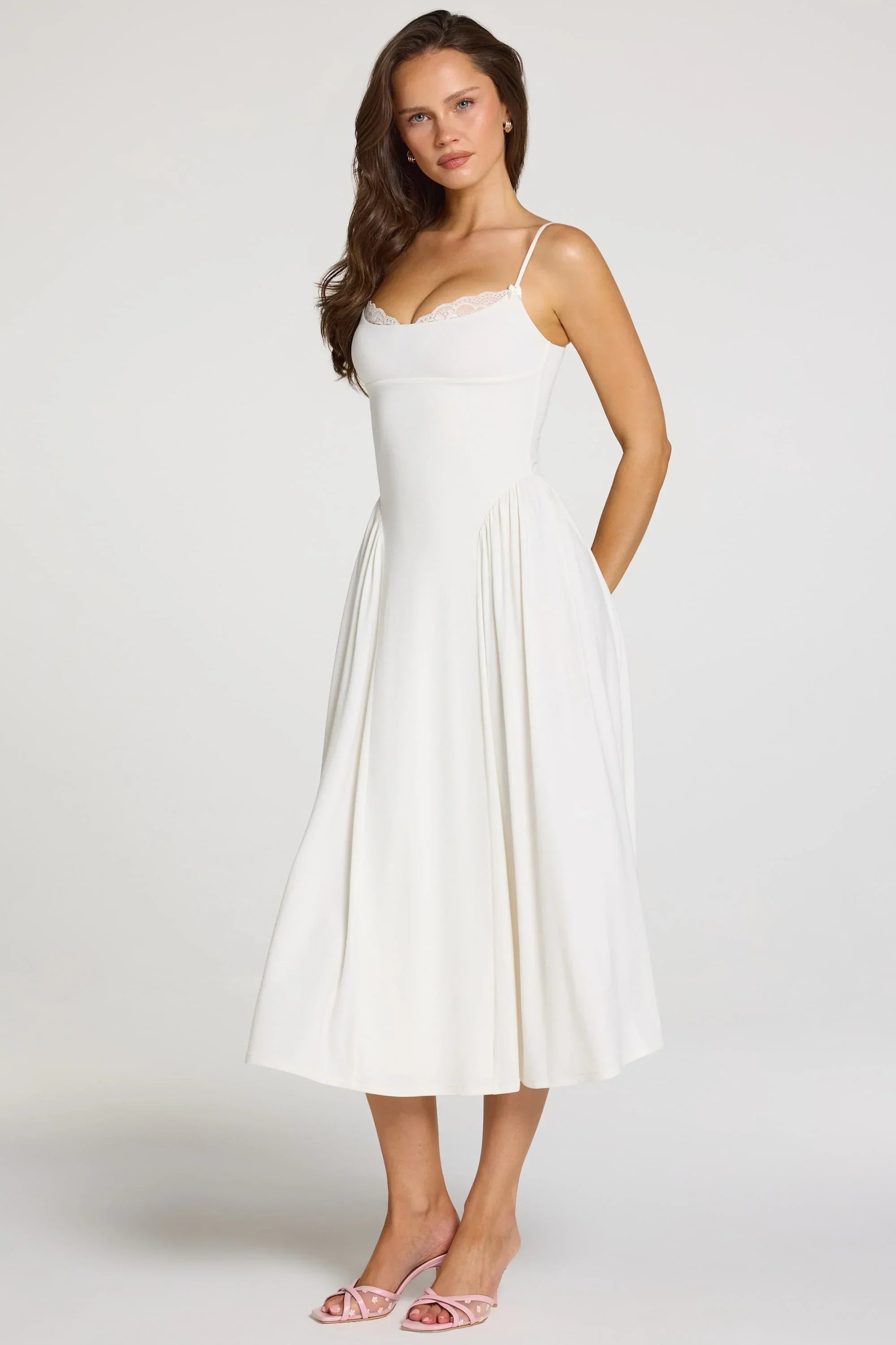 Modal Lace Trim Midaxi Dress in White