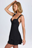 Ruffle Trim Button Detail Corset Mini Dress in Black