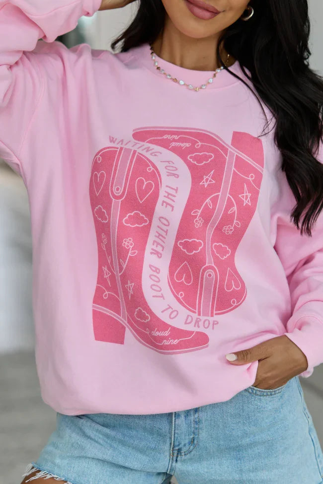 Waiting For The Other Boot To Drop Light Pink Graphic Sweatshirt
