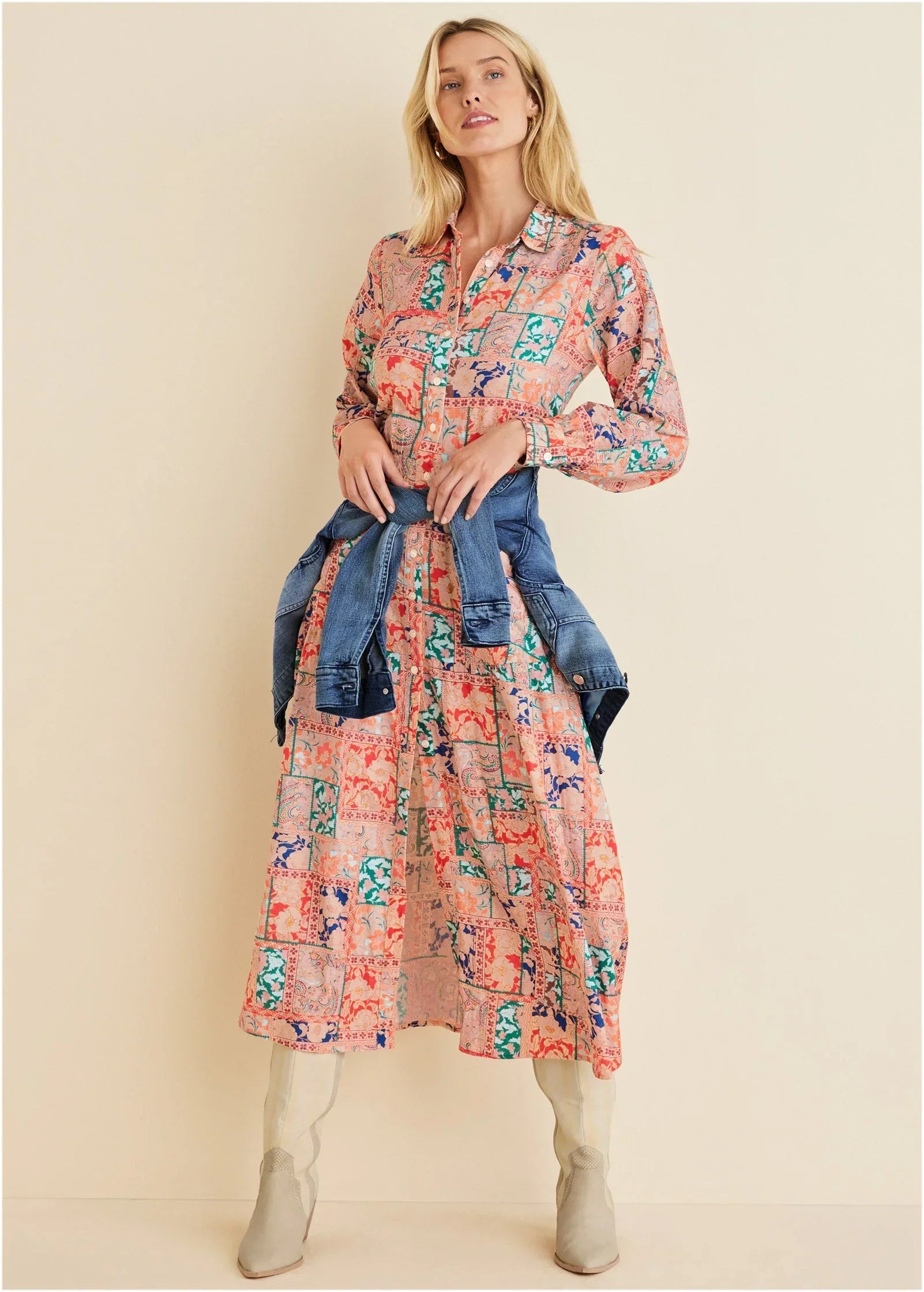 Cotton Linen Shirt Midi Dress Venetian Patchwork