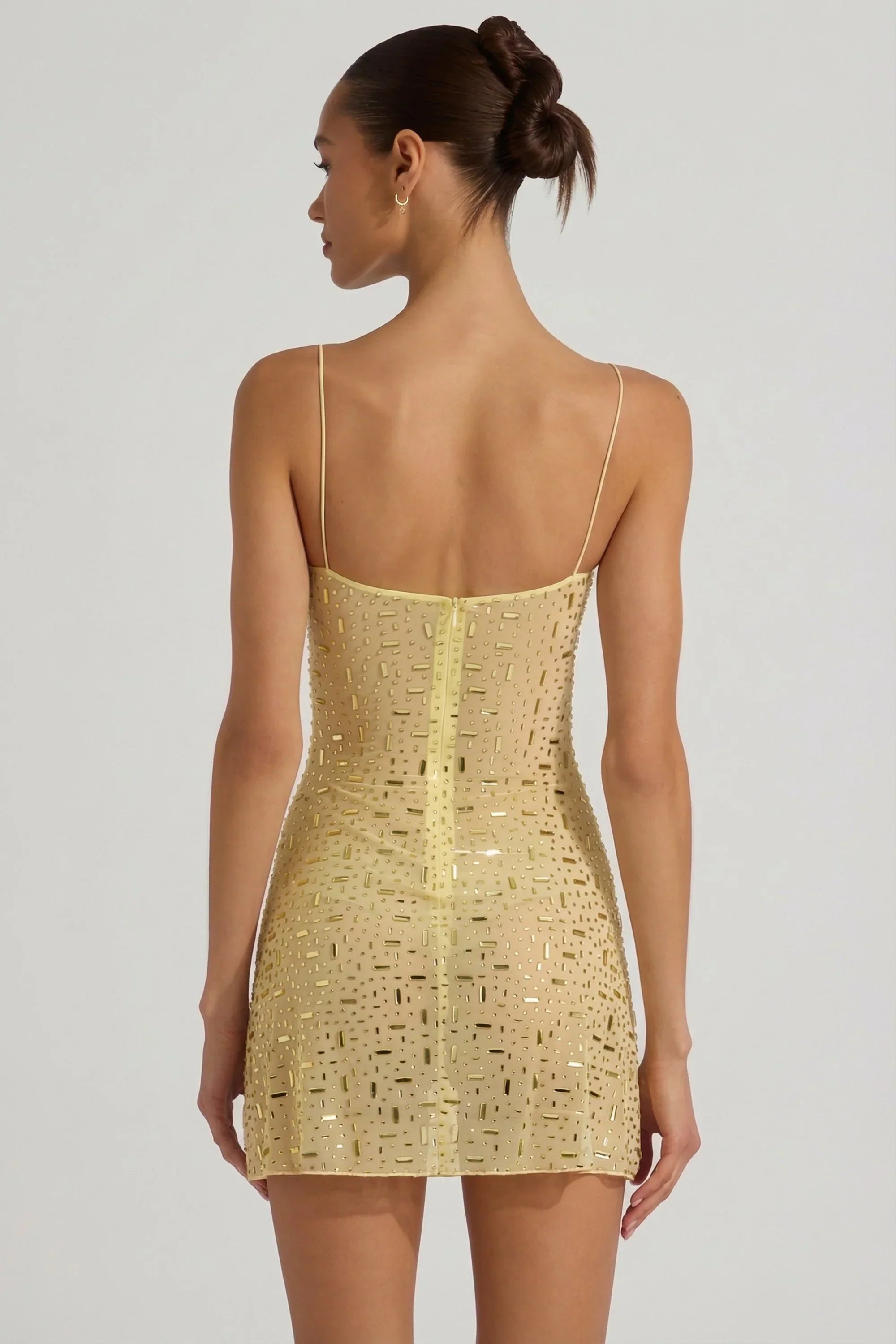 Sheer Embellished Square Neck Mini Dress in Yellow