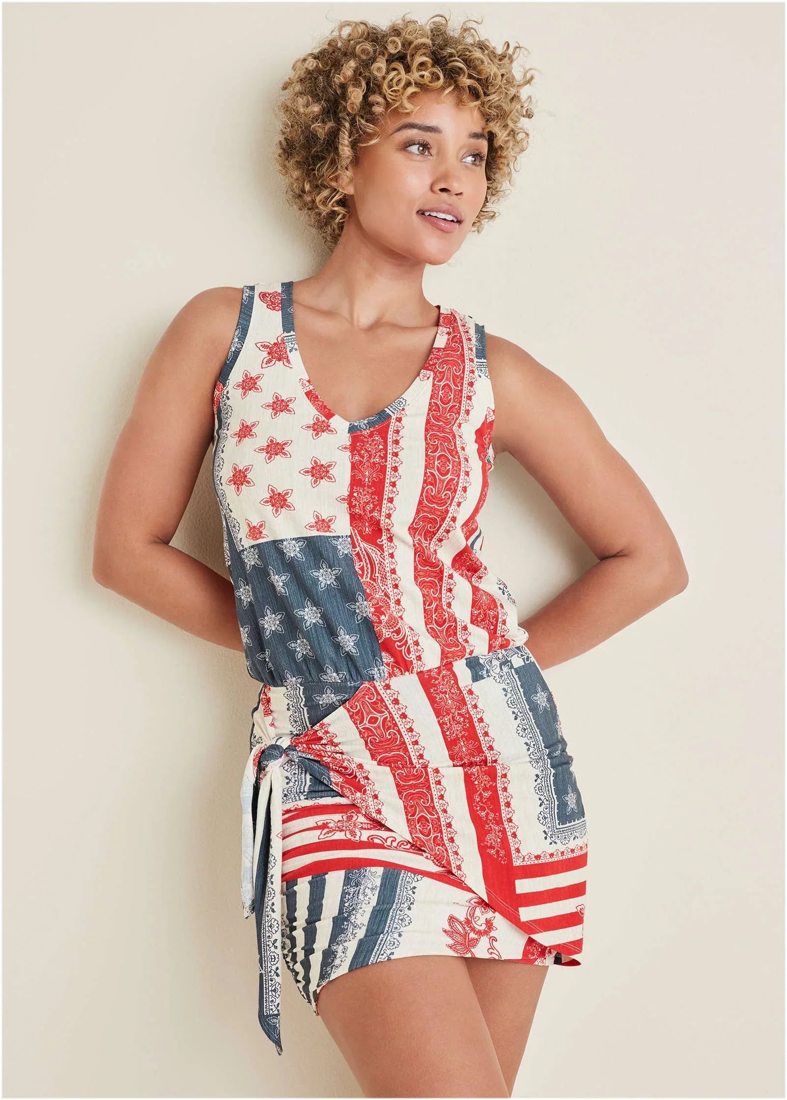 V Neck Side Wrap Mini Dress Americana Patchwork Stripe