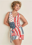 V Neck Side Wrap Mini Dress Americana Patchwork Stripe