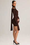 Knit Scarf Detail Off Shoulder Mini Dress in Chocolate Brown