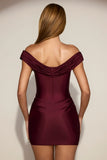 Satin Off Shoulder Draped Mini Dress in Wine Red