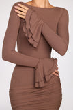 Ribbed Modal Long Sleeve Draped Mini Dress in Mocha