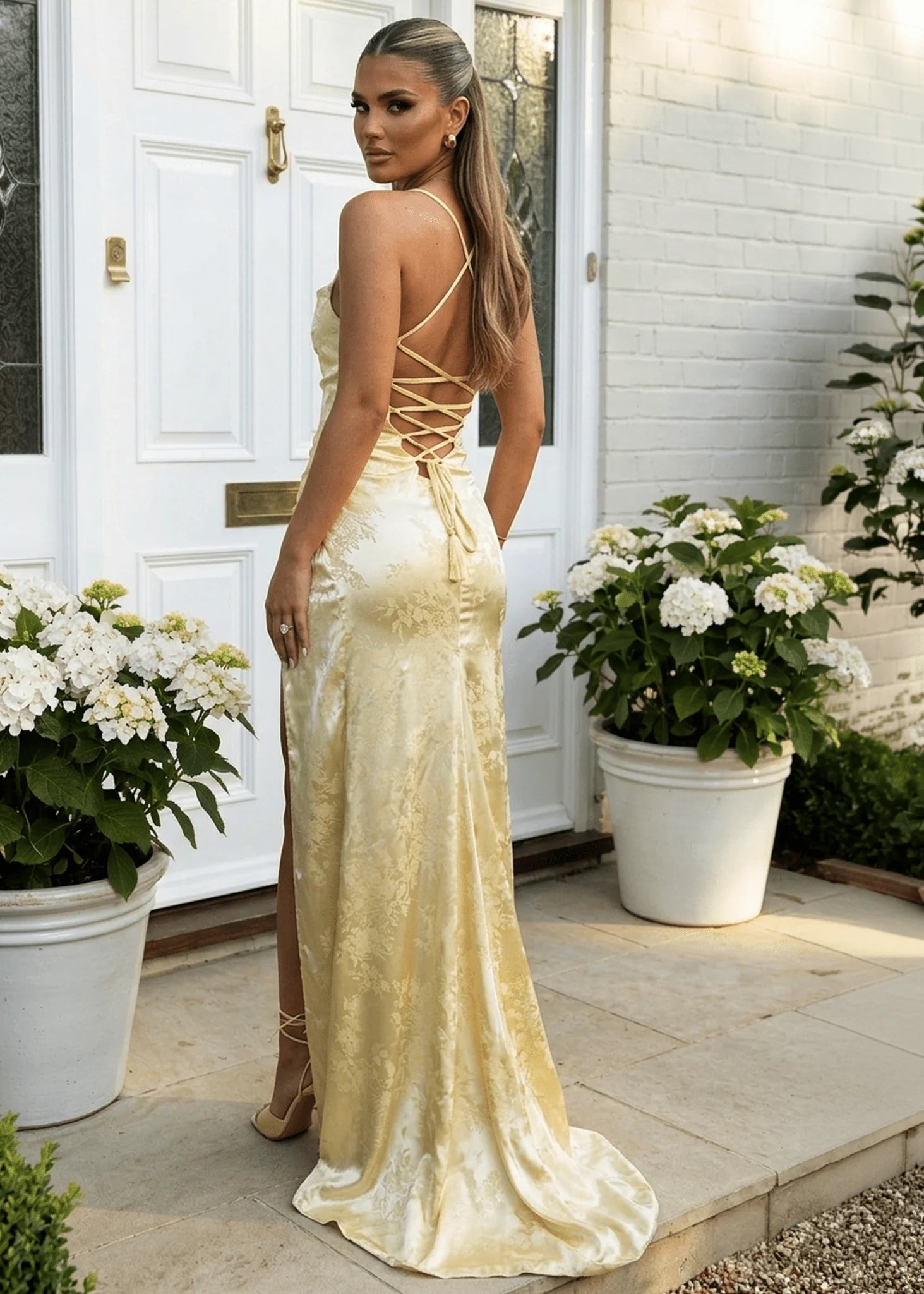 Worth Waiting For Cross Back Gown Jacquard Yellow