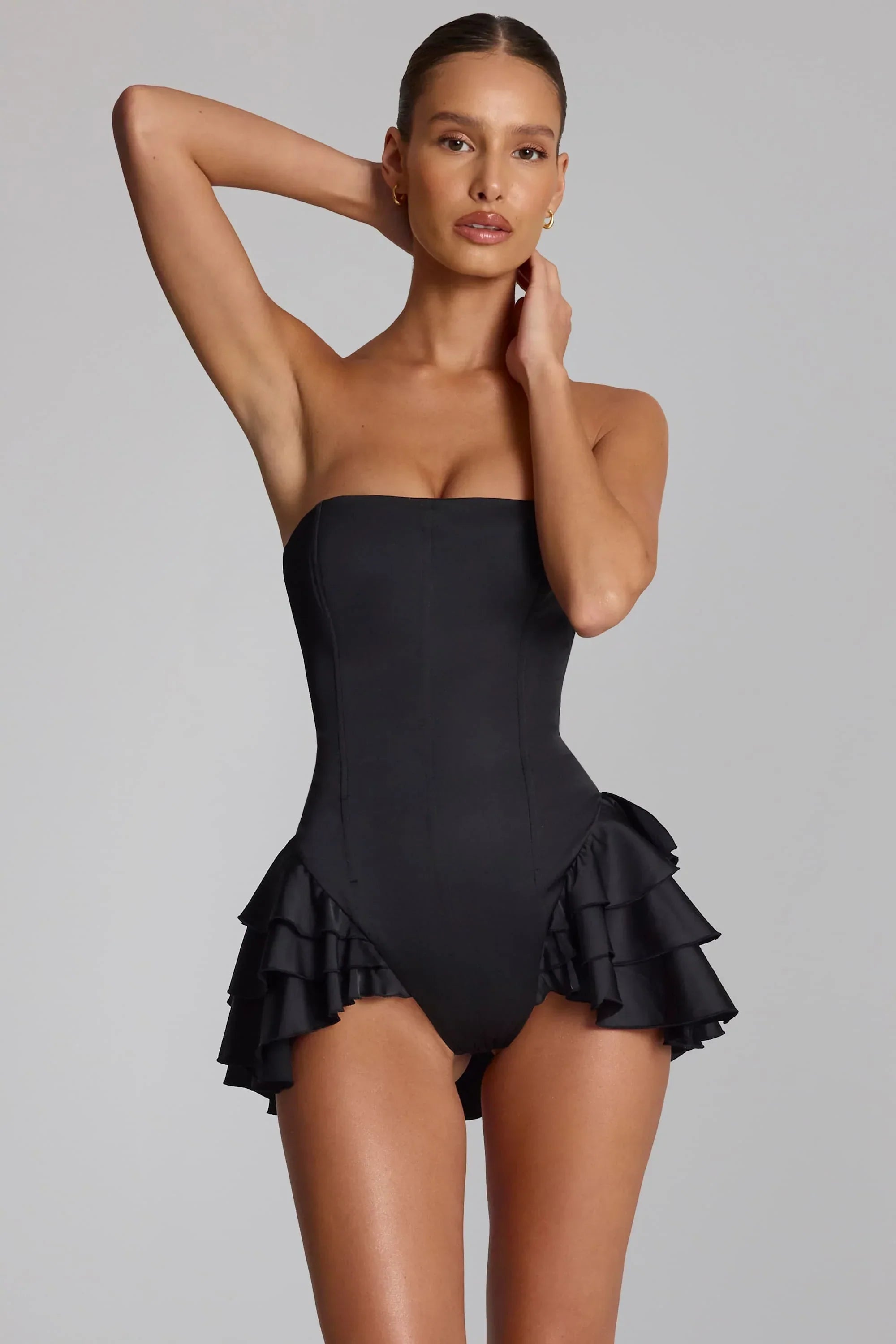 Ruffled Lace Up Corset Playsuit in Black