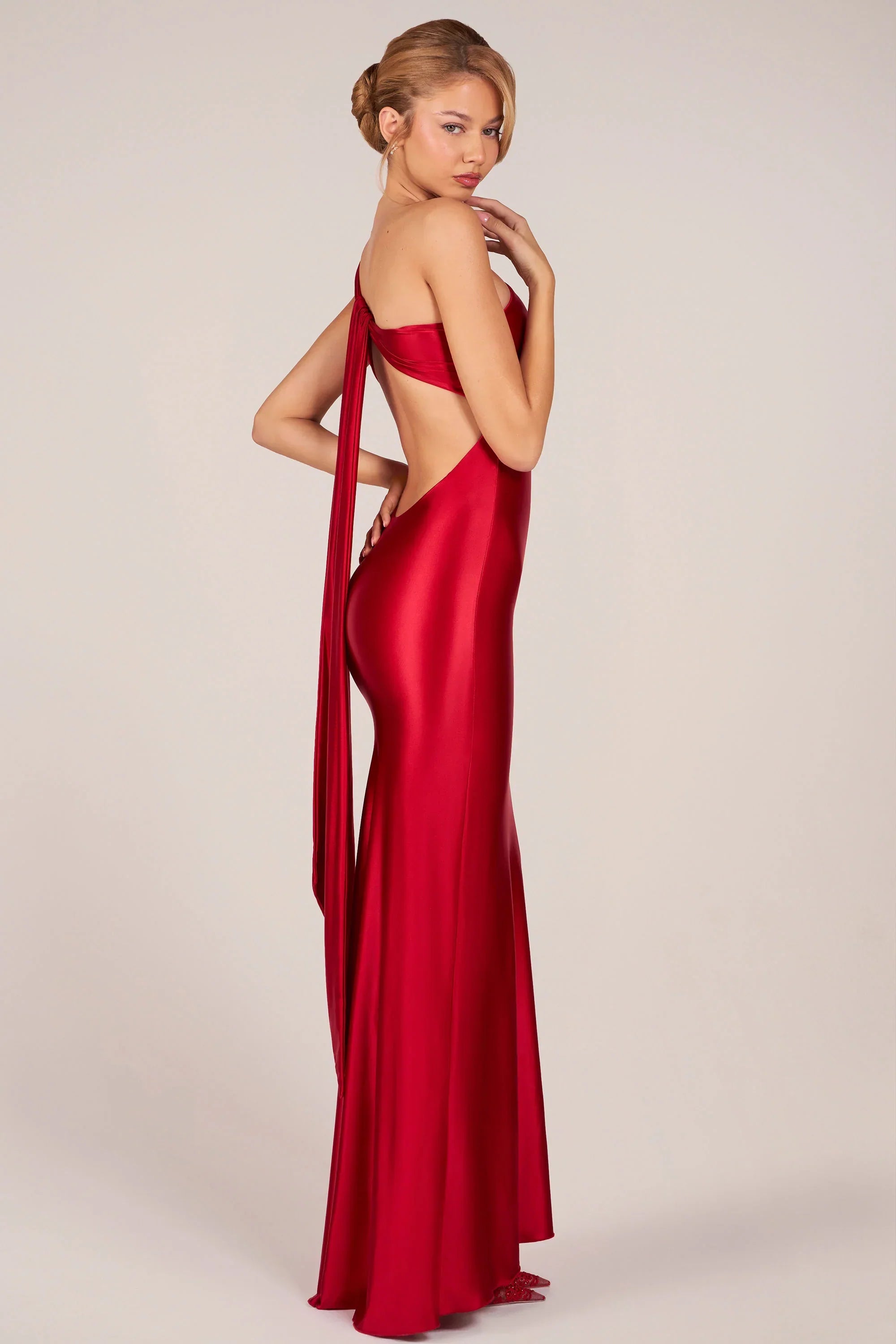 Asymmetric Tie Back Gown in Cherry
