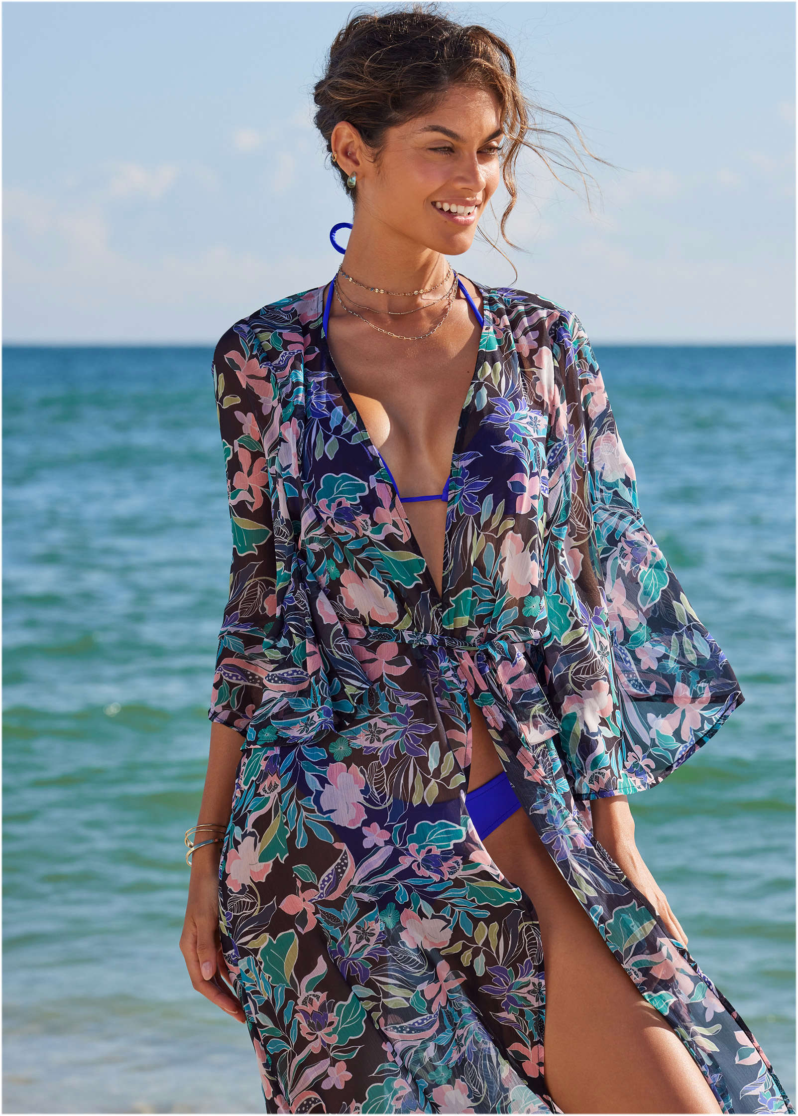 Bell Sleeve Long Cover Up Tropical Walks