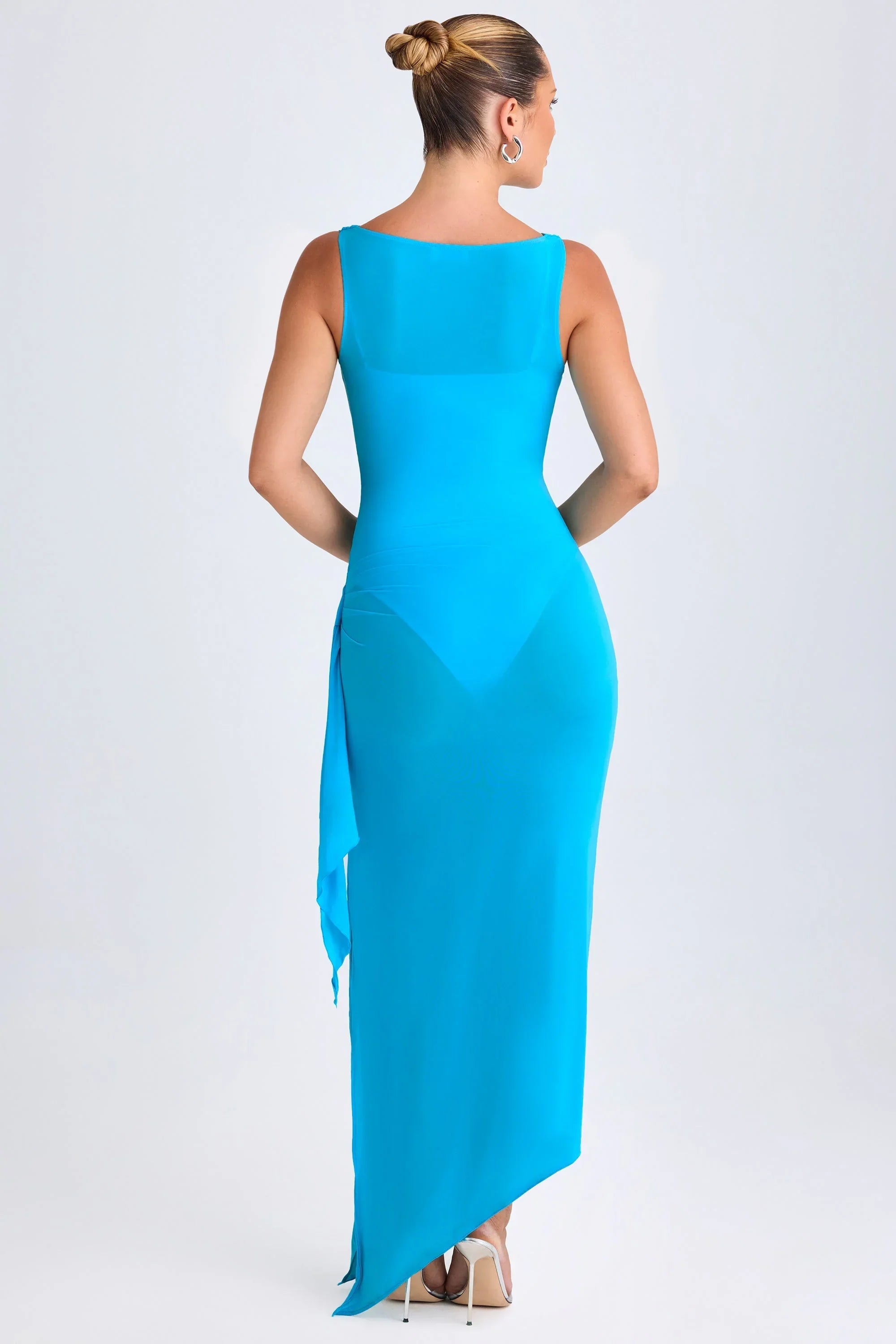 Ruffle Trim Cowl Neck Midaxi Dress in Aqua Blue