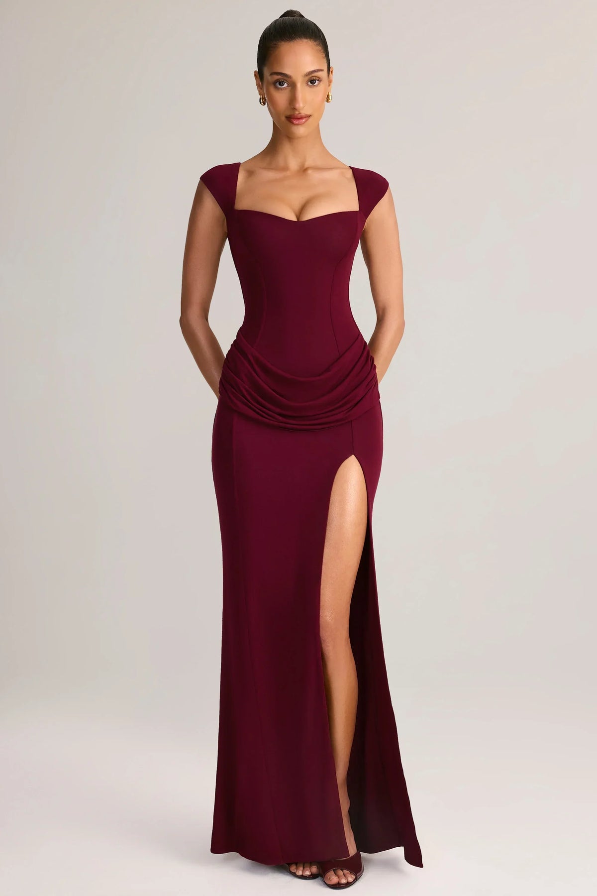 Modal Sweetheart Neck Cowl Waist Maxi Dress in Wine