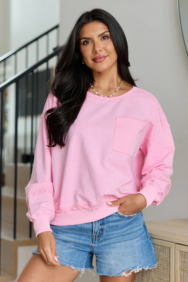 Scottie Pink Eyelet Trim Crewneck Top