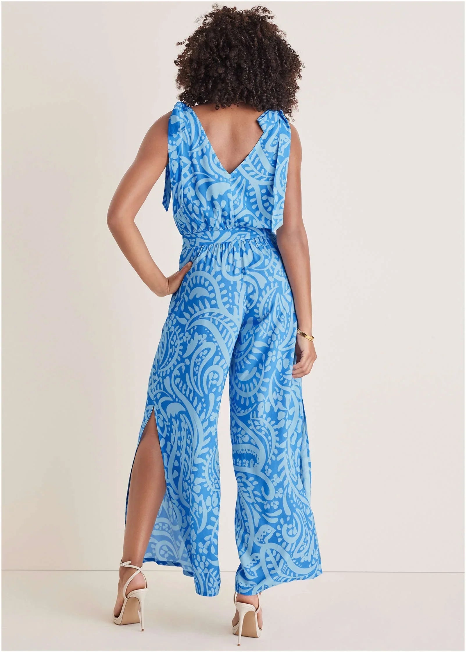 Tie Strap Wide Leg Jumpsuit Blue Allover Spring Paisley