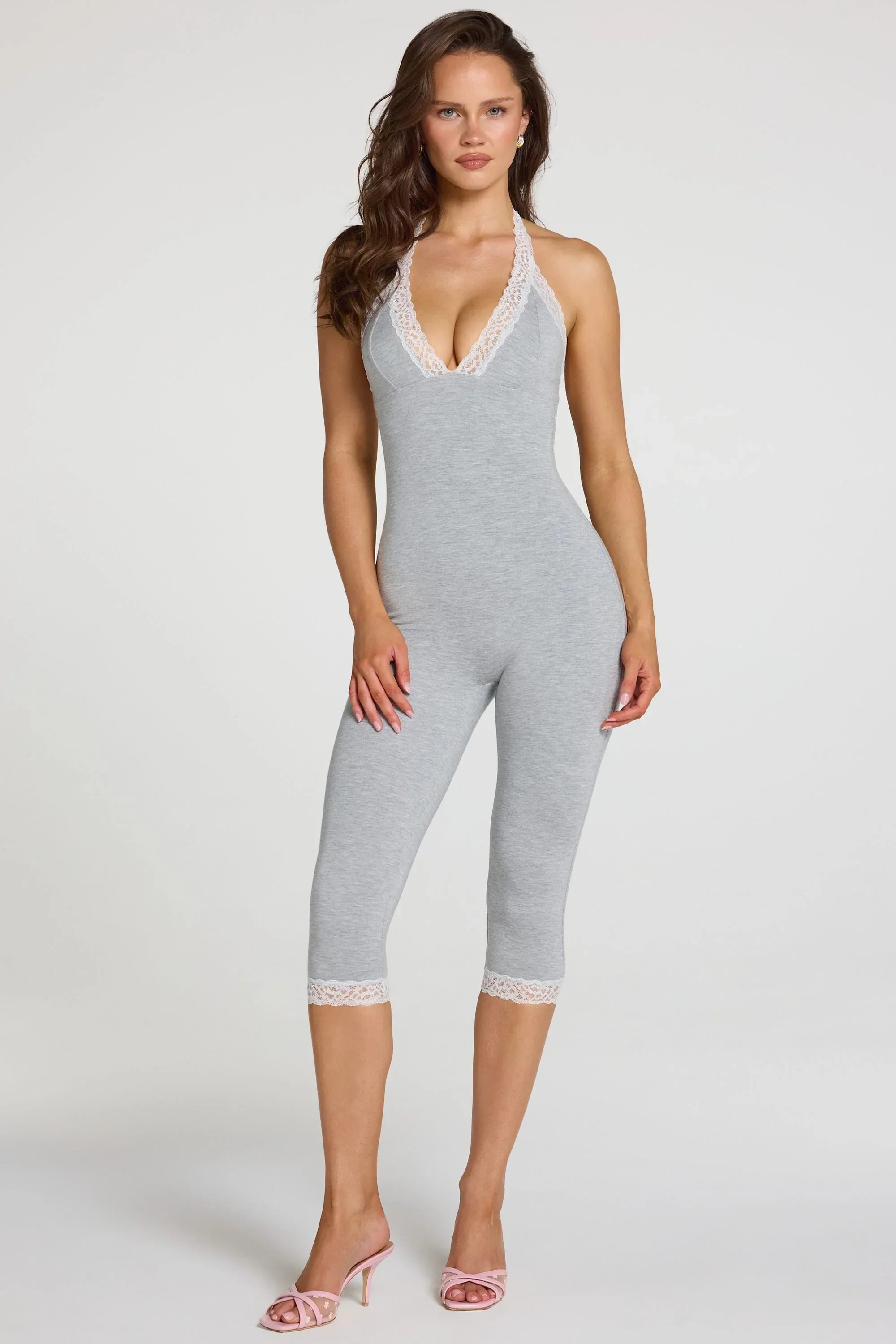 Modal Lace Trim Capri Jumpsuit in Grey Marl
