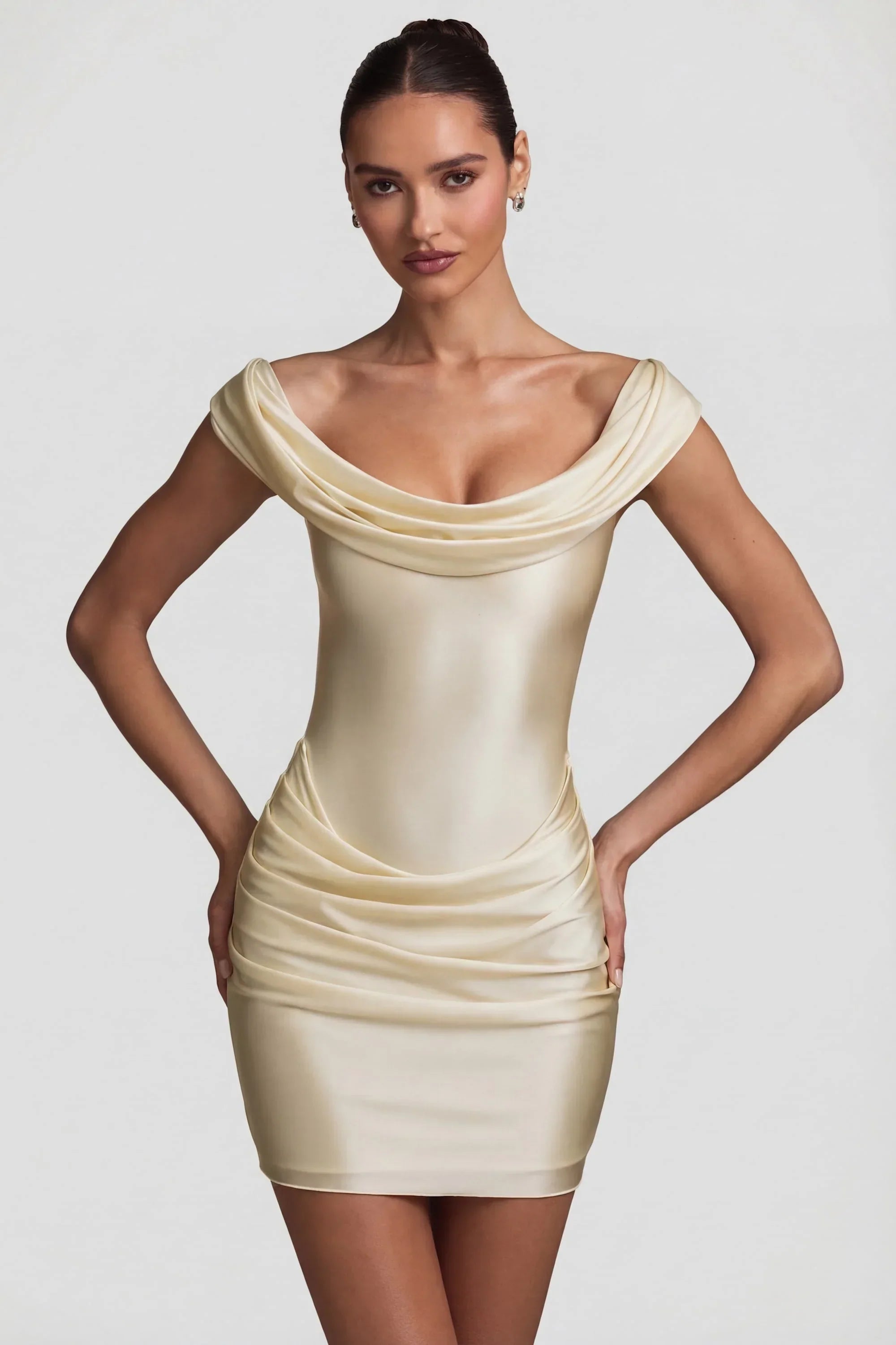 Satin Off Shoulder Draped Mini Dress in Ivory