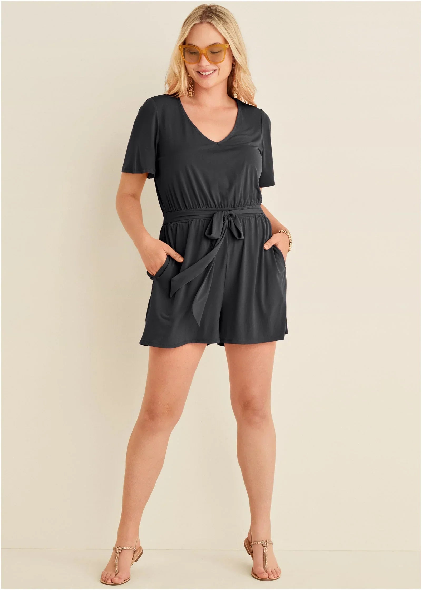 Tie Waist Romper Jet Black