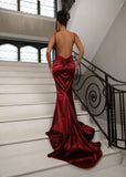 Love Affair Satin Gown with Ruched Back Wine