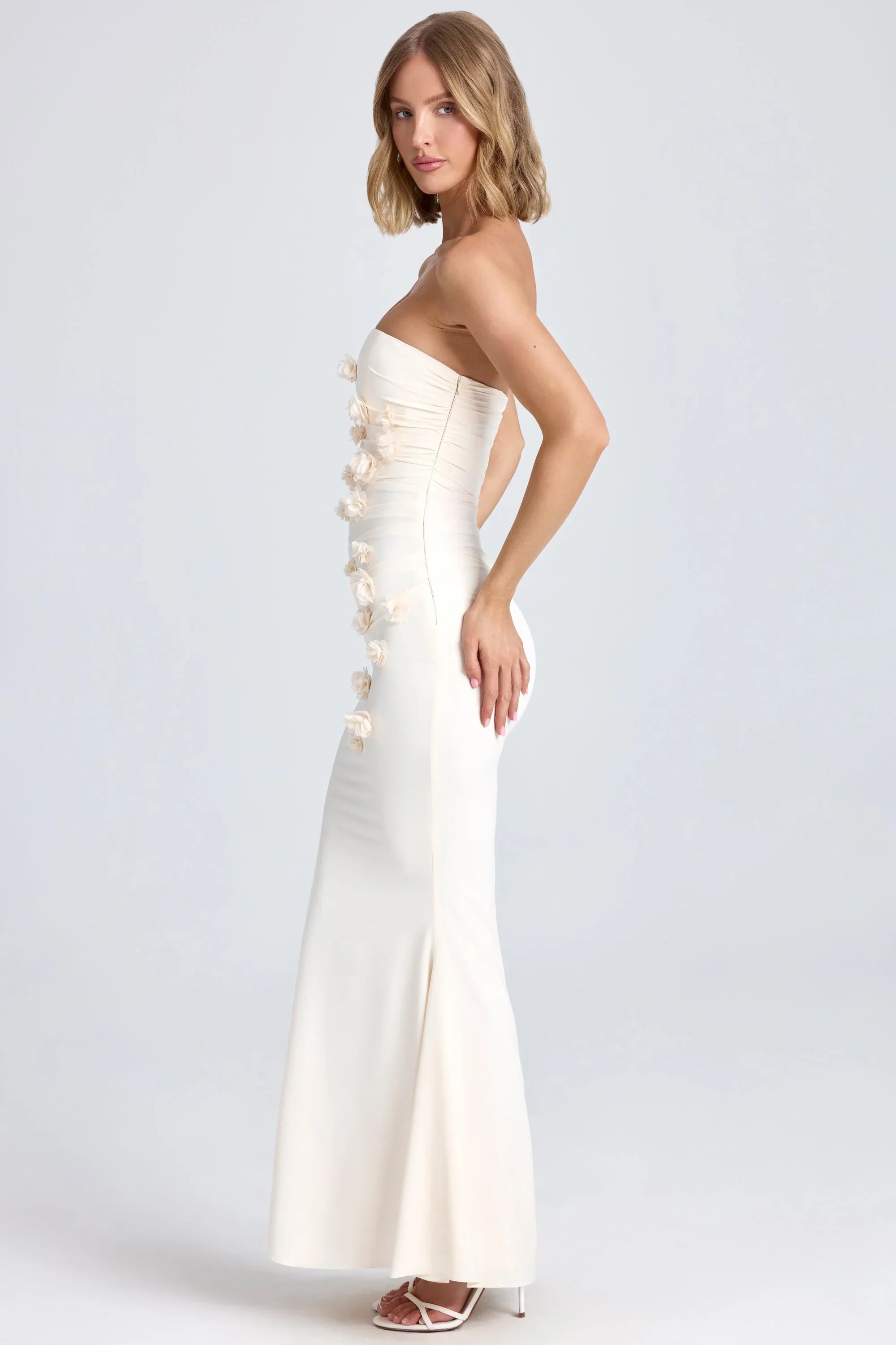 Draped Floral Appliqué Maxi Dress in Ivory