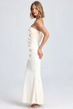 Draped Floral Appliqué Maxi Dress in Ivory