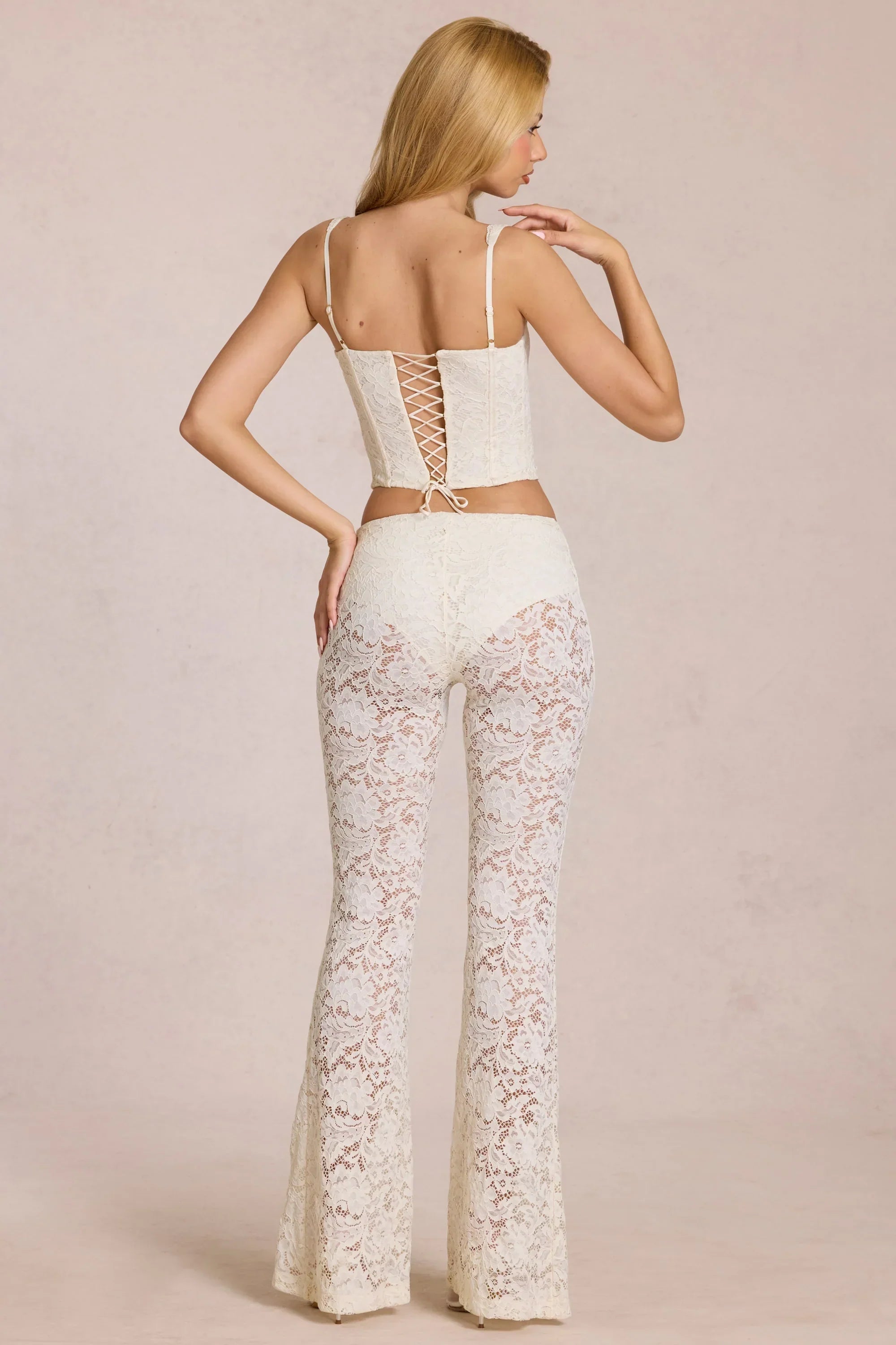 Sheer Lace Mid Rise Flared Trousers in Pearl