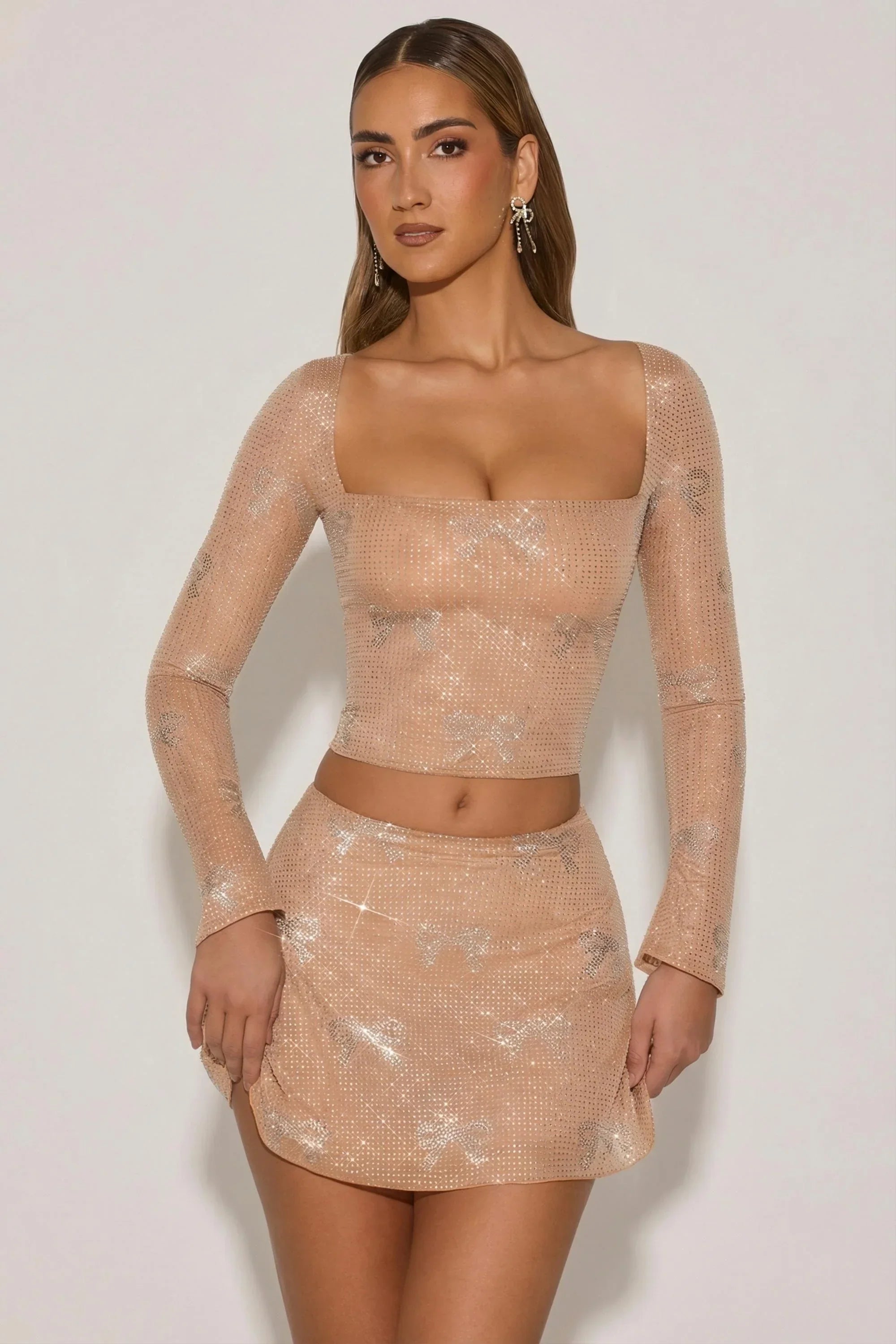 Embellished Bow Detail Top in Almond