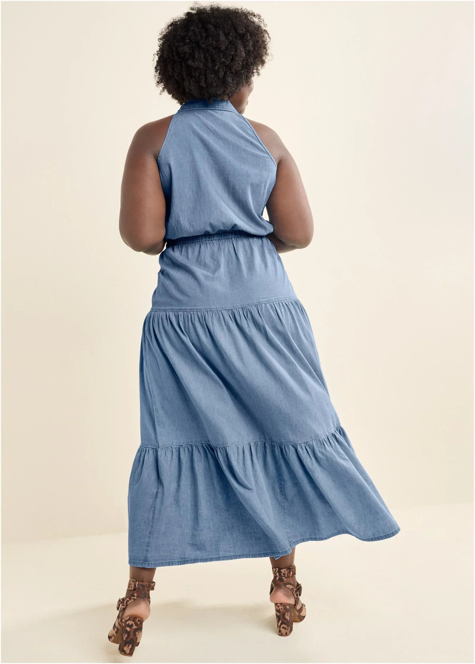 Chambray Tiered Maxi Dress Medium Wash