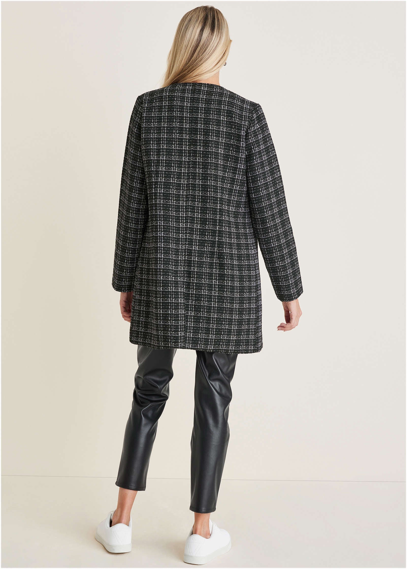 Tweed And Faux Leather Coat Black White