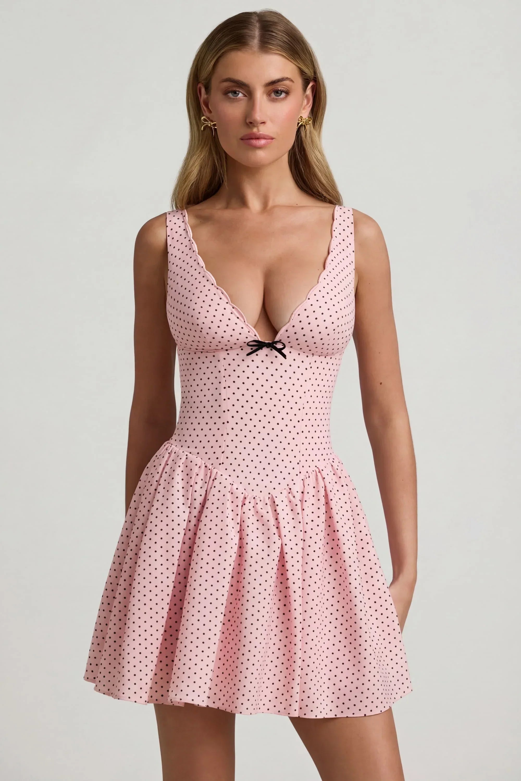 Bow Detail A Line Mini Dress in Pink Polka Dot