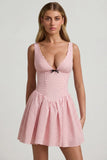 Bow Detail A Line Mini Dress in Pink Polka Dot