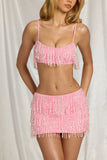 Fringed Low Rise Mini Skirt in Candyfloss Pink