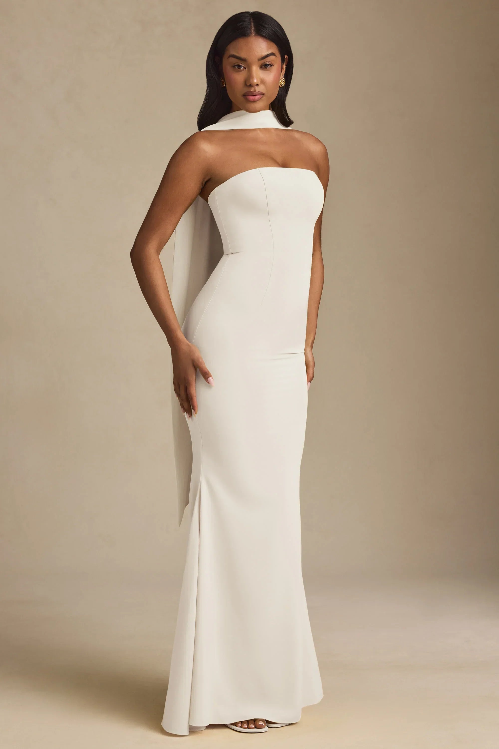Scarf Detail Strapless Gown in Ivory