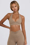 Brushed Jersey V Neck Sports Bra in Mocha Marl