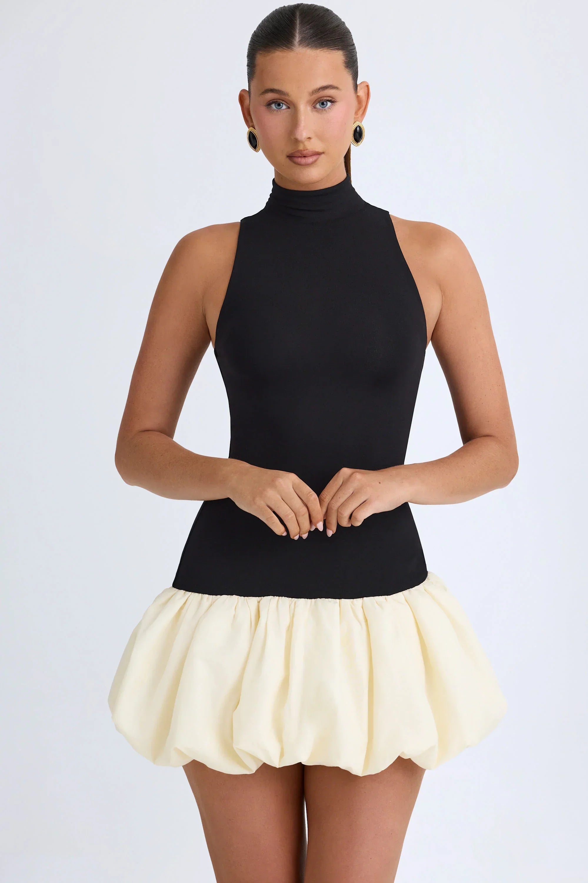 Modal Turtleneck Drop Waist Bubble Hem Mini Dress in Black