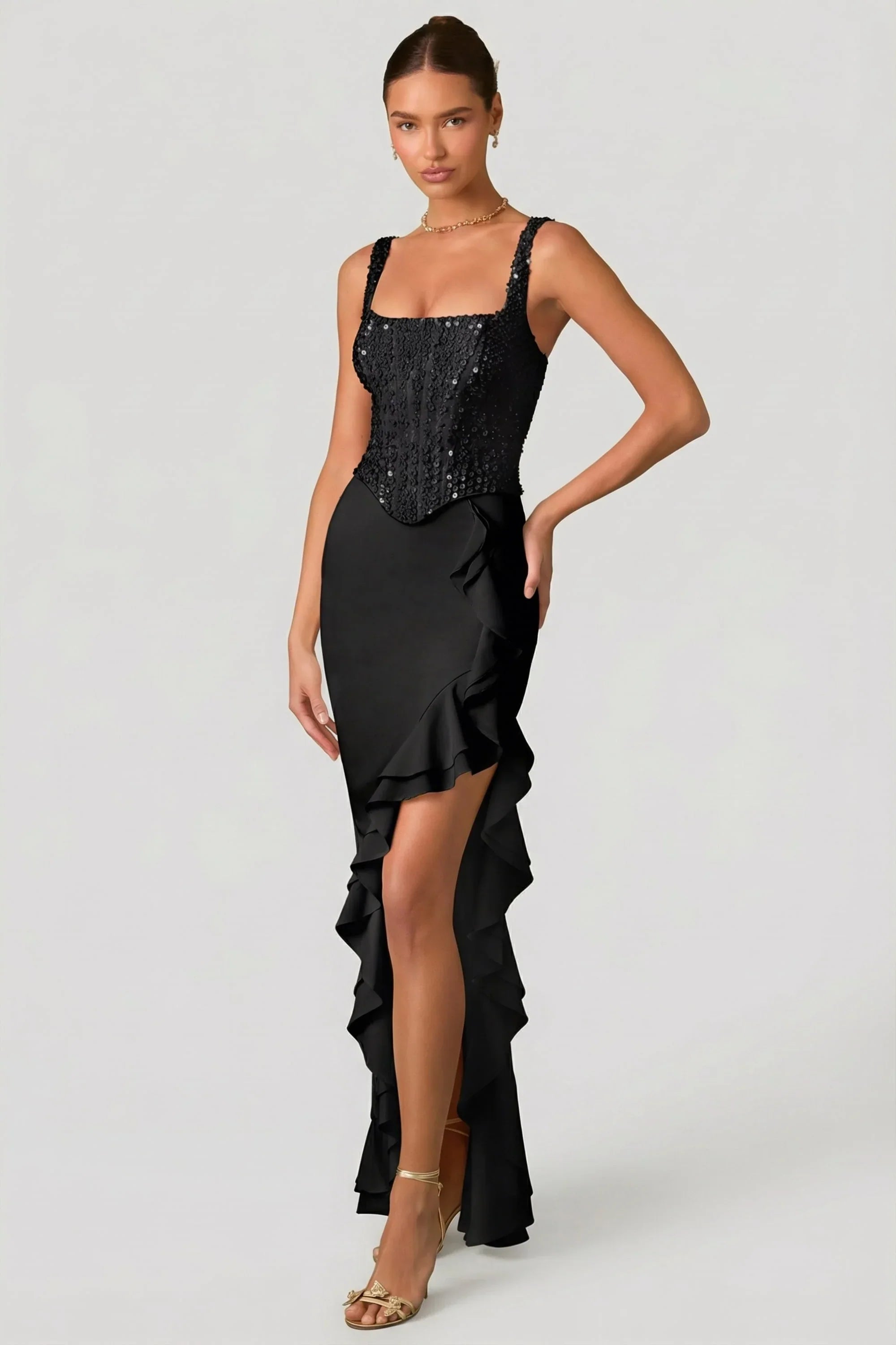 Embellished Ruffle Trim Corset Gown in Black