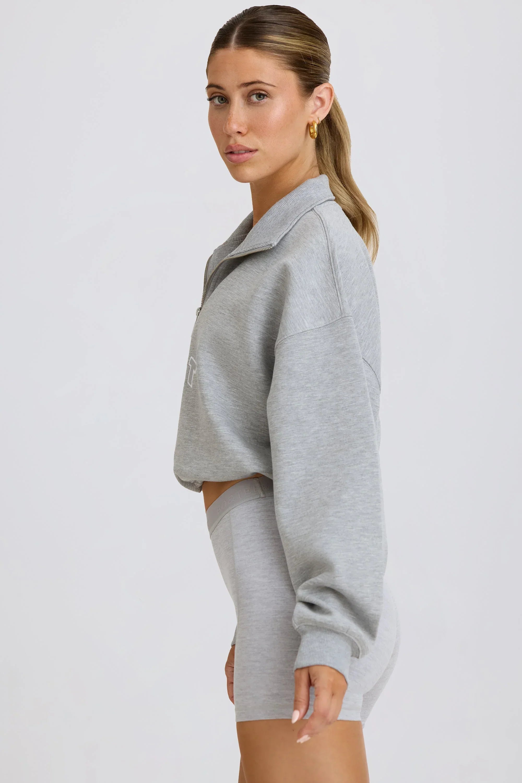 Quarter Zip Cropped Sweatshirt in Grey Marl
