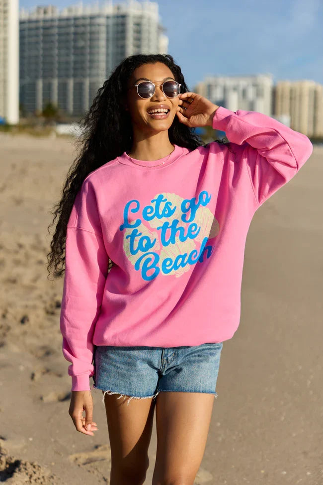 Lets Go To The Beach Pink Graphic Sweatshirt